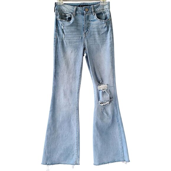 Sincerely Jules Denim - Sincerely Jules Women Junior 3/26 Jeans Blue Distressed Raw Hem Flare Grunge Y2K